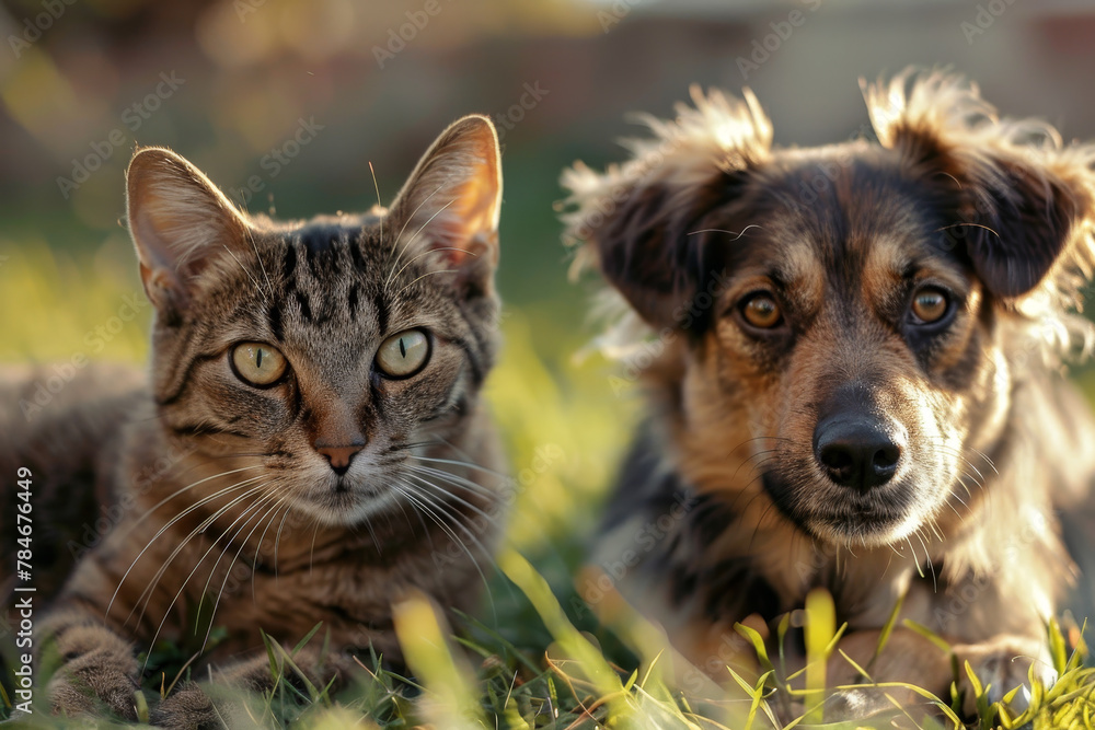 A cat and a dog are laying in the grass next to each other A cat and a dog are laying in the grass next to each other