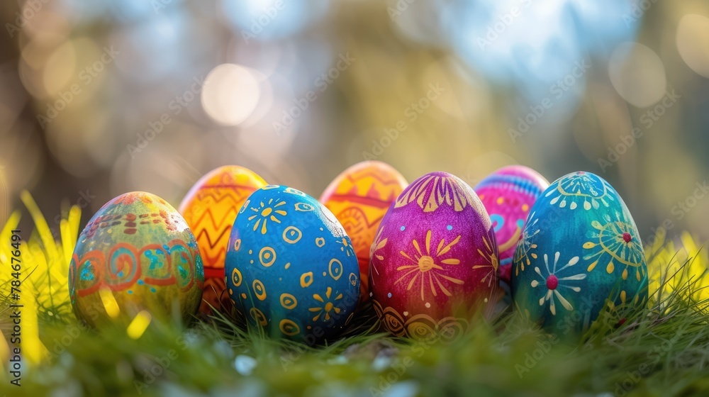 The vibrant colors of painted Easter eggs stand out against the lush greenery and blooming flowers, creating a jubilant and festive display. The vibrant colors of painted Easter eggs stand out against the lush greenery and blooming flowers, creating a jubilant and festive display.