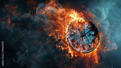 Clock caught in intense fire and smoke swirl - A captivating clock image sweeping in a smoky dance, engulfed by intense fire, suggesting time's destructive and creative force photo