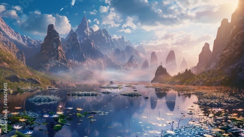 Majestic mountain landscape with lake - A breathtaking digital landscape showcasing sharp peaks, a tranquil lake with lilies, and a surreal, mystical ambience with a glowing sky photo