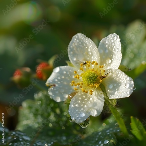 Forest Jewel  Strawberry Blossoms with Dewdrops and Intricate Insect Encounters
