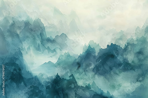 The mountains are covered in a thick layer of mist, creating a serene