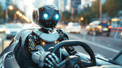 Robot drives the car. Future technologies. Autopilot