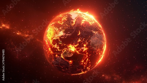 Fiery depiction of an erupting planet earth - A dramatically surreal image representing planet Earth as an erupting molten mass, symbolizing destruction or transformation