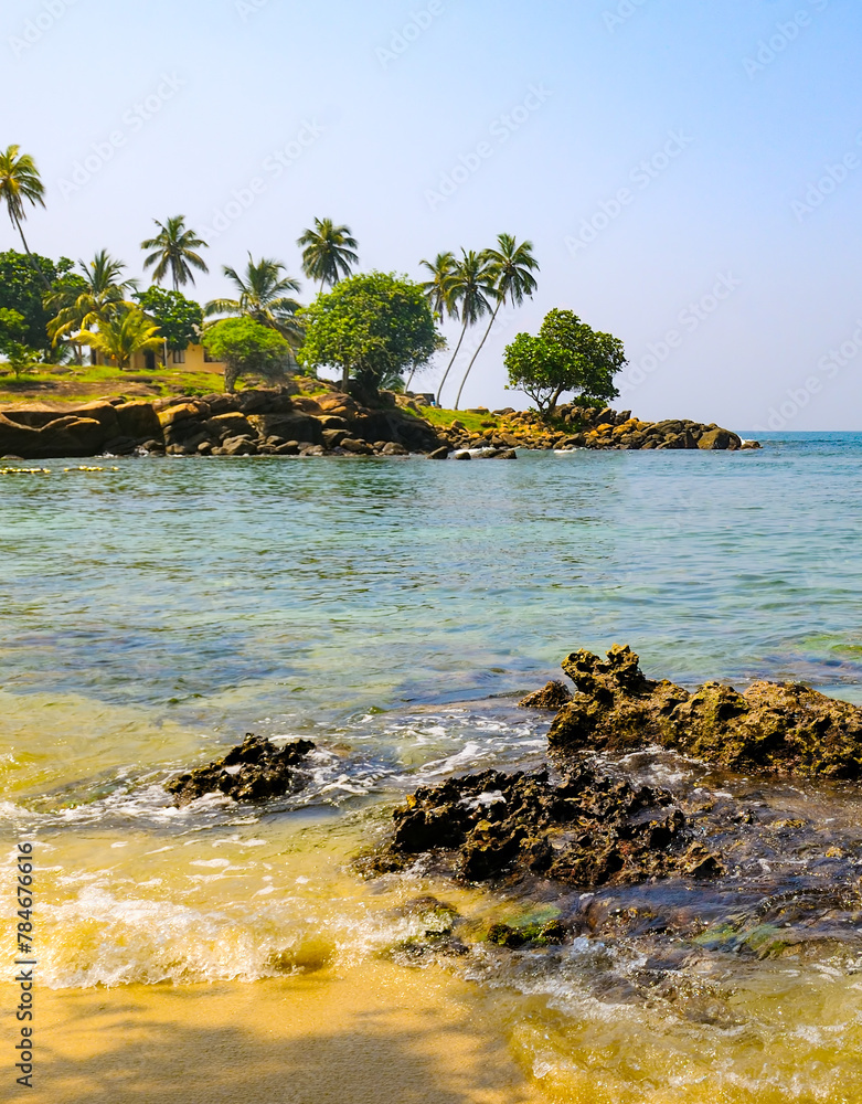 View of an Indian Ocean lagoon with tropical vegetation on the shore, a sandy beach and a coral reef. Sri Lanka.