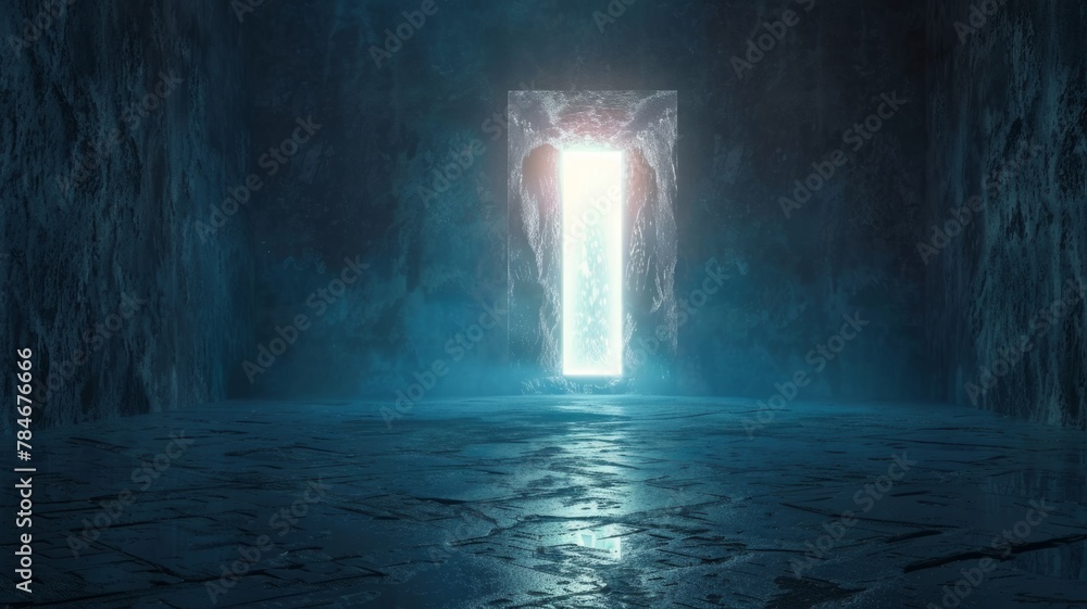 Icy doorway in an empty chamber - A sharp, cold light pierces through a doorway in a barren, icy chamber, exuding a chill and isolation