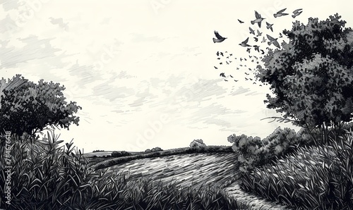 Design a captivating pen and ink illustration featuring a birds eye view of a serene countryside, incorporating halftone textures for a modern touch Infuse tranquility with a contemporary edge, harmon photo