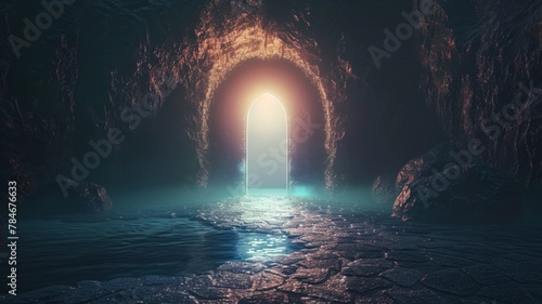 Mystical doorway in a rocky cave with water - A peaceful yet mystifying scene displays a lit doorway in a cave, where calm waters gently lap against the rocky terrain photo