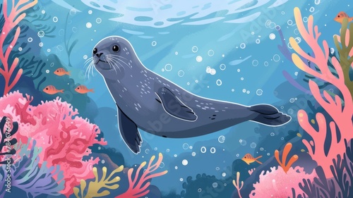 Graceful seal gliding past coral reef - A serene seal flows effortlessly under the sea, passing by a spectrum of corals and small fish in this tranquil underwater landscape