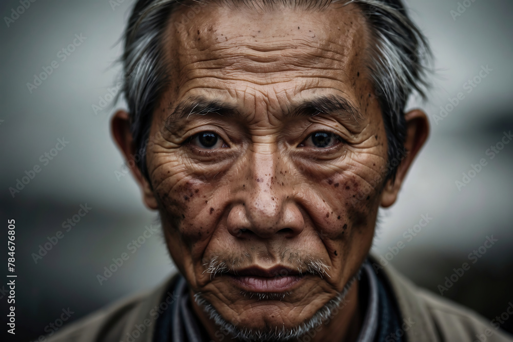 Porträt eines japanischen Mannes, dessen Gesicht von Lebensgeschichten und Erfahrungen gezeichnet ist