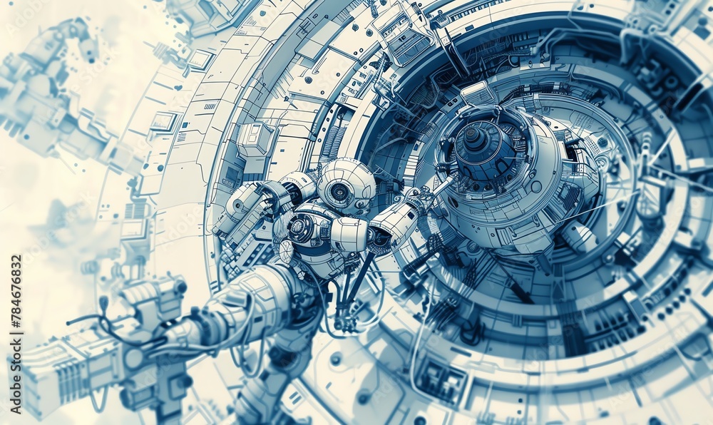 Fototapeta premium Design a dynamic pen and ink sketch of a robotic engineer working on a complex, futuristic machine from a creative tilted angle Showcase intricate details of the engineers tools and the high-tech envi