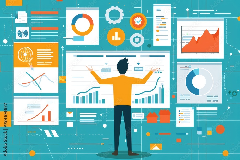 The illustration shows a man analyzing business processes, planning tasks in a list, and targeting and achieving goals. Ideal for web applications. The illustration shows a man analyzing business processes, planning tasks in a list, and targeting and achieving goals. Ideal for web applications.
