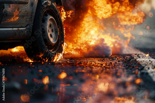 A car is on fire and the tire is smoking