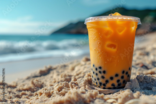 Boba drink bubble tea on the beach. Generative AI.