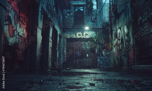 Design a grunge style artwork featuring a tilted angle view of a weathered, graffiti-adorned alleyway populated by shadowy figures and flickering neon lights Implement a mix of digital rendering techn