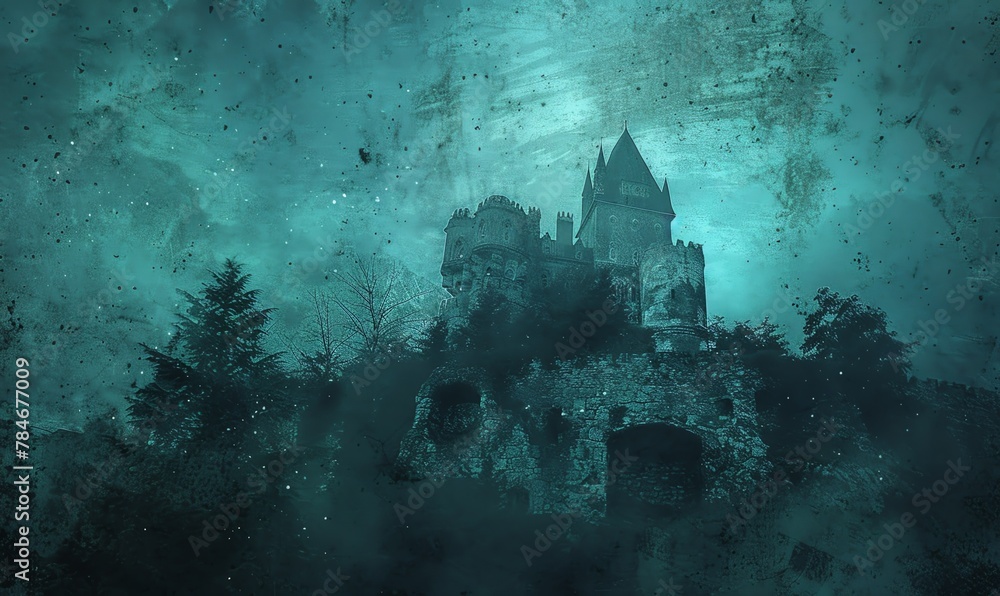 Dive into a fantasy realm with a worms-eye view of a mystical castle, enveloped in a grunge texture for a dark, mysterious ambiance Traditional Art Medium, transporting viewers to a magical world of w
