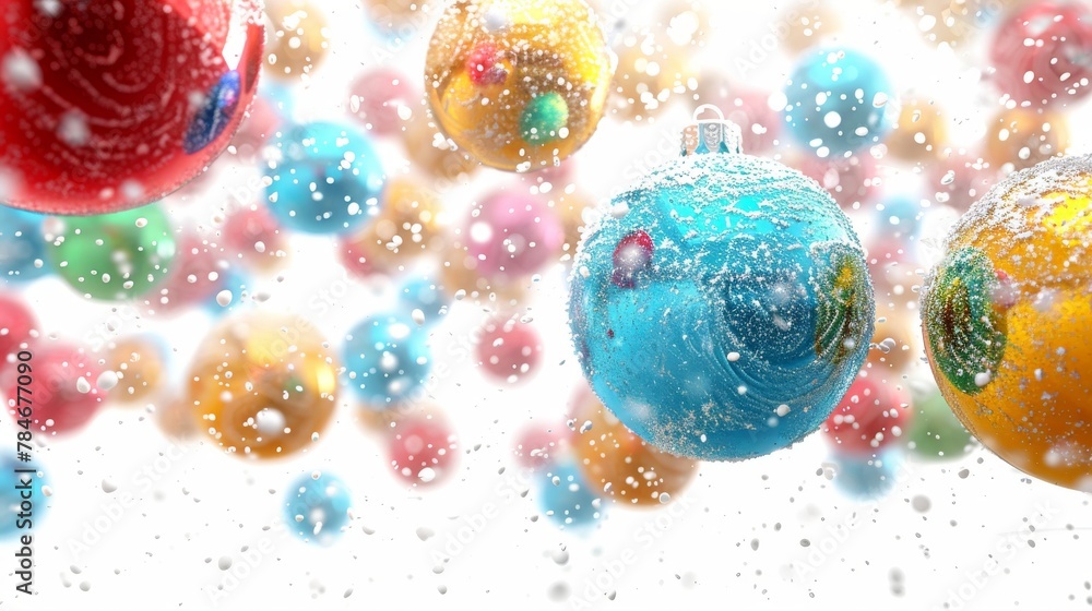 Christmas Baubles on Solid tone Surface. A panoramic image showcasing shiny baubles in vibrant colored tones reflecting a wintry setting placed on a solid surface, creating a cozy holiday scene Christmas Baubles on Solid tone Surface. A panoramic image showcasing shiny baubles in vibrant colored tones reflecting a wintry setting placed on a solid surface, creating a cozy holiday scene