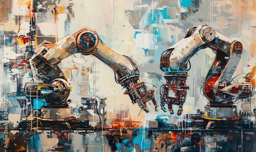 Emphasize the fluidity and precision of robotic arms in a dynamic acrylic painting Show the contrast between the sleek metal and the industrial environment with vivid colors
