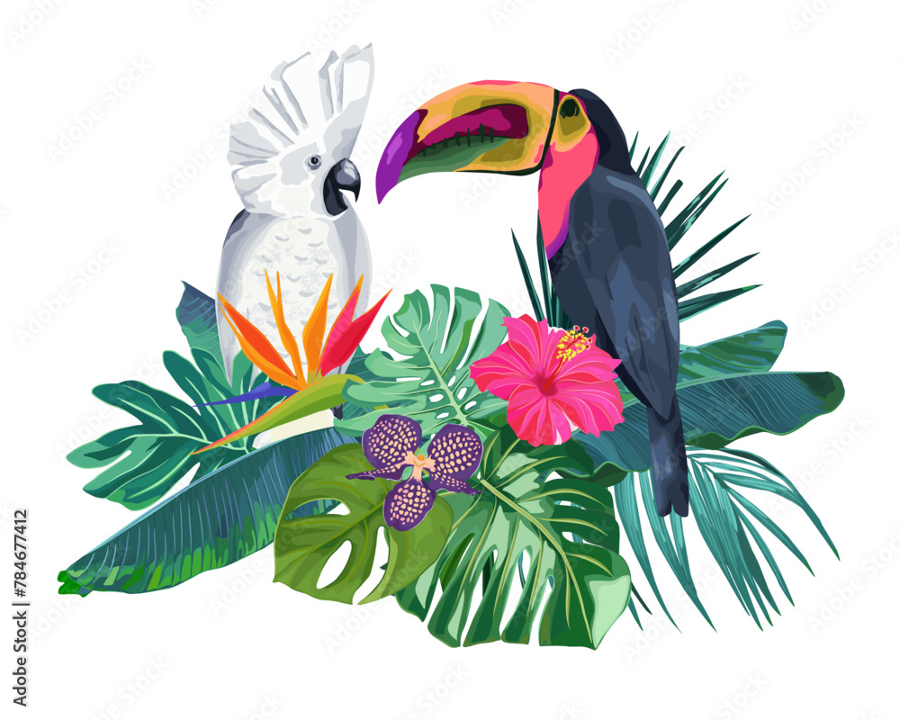 Fototapeta premium Summer frame with tropical jungle leaves, hibiscus, orchids and parrot. Vector jungle illustration.