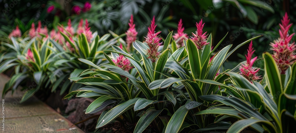Obraz premium Flower bed of plants, pink flowers.