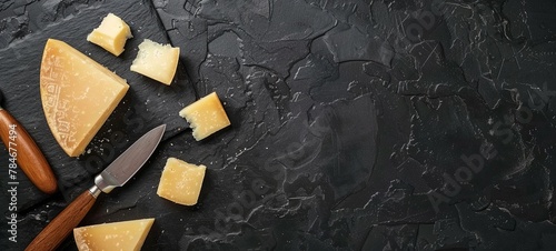 A set of hard cheeses with cheese knives on a black stone background. Parmesan. View from above. place for text. generative ai