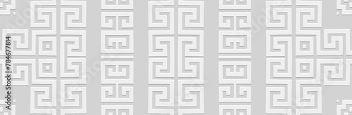 Banner. Relief geometric original 3D pattern on a white background. Ornamental ethnic cover design, Greek meander style. Boho exoticism of the East, Asia, India, Mexico, Aztec, Peru.

