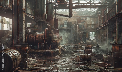 Illustrate a grunge style scene with a tilted angle view of a rundown warehouse interior, showcasing rusted machinery, old barrels, and dimly lit corners Utilize traditional art medium to convey a sen