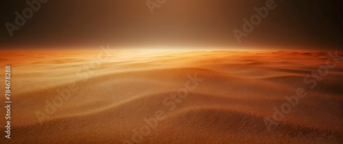 A panoramic shot capturing the enchanting hues of sunset casting shadows across the vast, undulating sand dunes