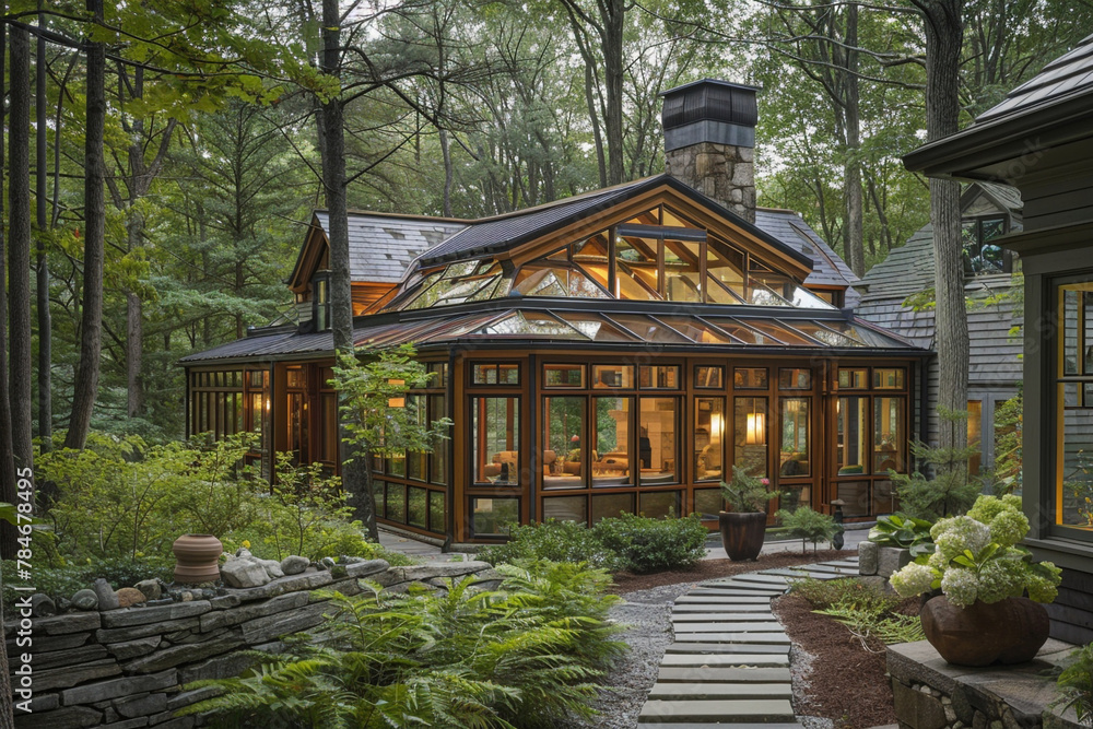 A Craftsman home in a woodland setting, with a design that includes a glass-enclosed conservatory, natural wood finishes, and a stone path leading through the forest.