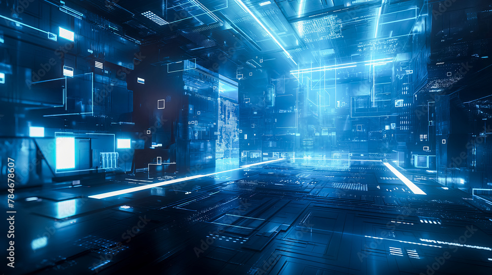 A complex network of glowing blue cybernetic structures and circuits A complex network of glowing blue cybernetic structures and circuits