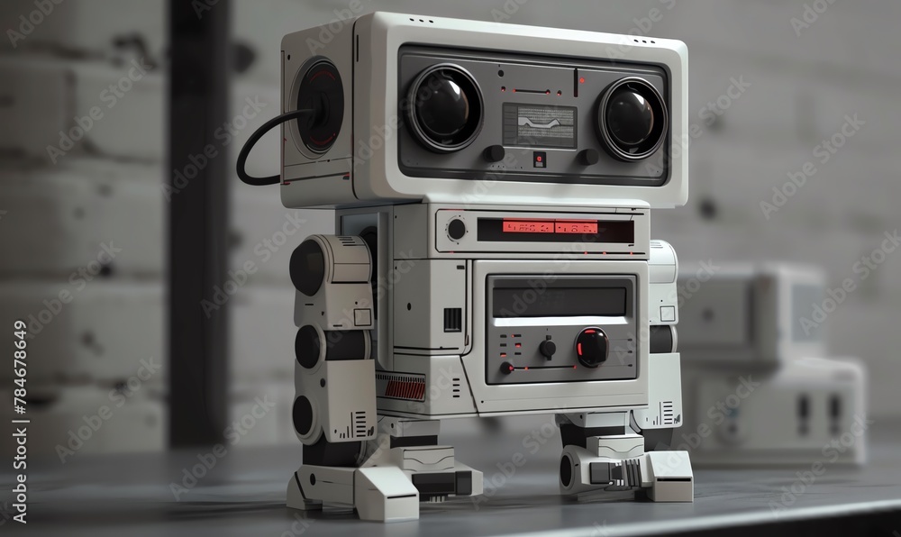 Obraz premium Illustrate a retro-inspired robotic assistant with a bulky, boxy body, clunky buttons and switches, a monochrome screen displaying analog dials, and a compact cassette player built-in for a nostalgic