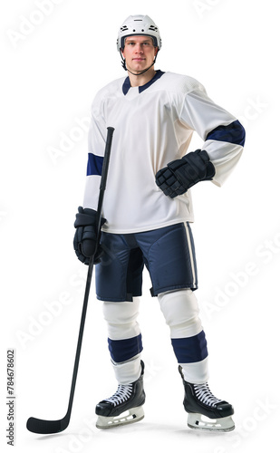 Full body portrait of a professional male ice hockey player in full gear, isolated background