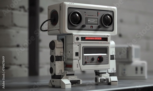 Illustrate a retro-inspired robotic assistant with a bulky, boxy body, clunky buttons and switches, a monochrome screen displaying analog dials, and a compact cassette player built-in for a nostalgic