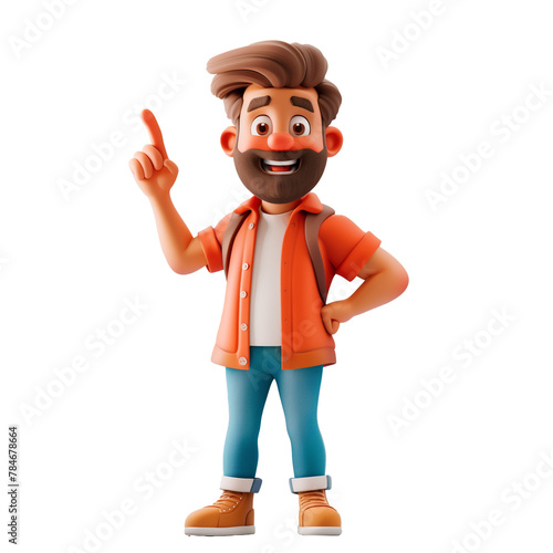 3d illustration happy smilingcharacter of a man pointing up, showing, presenting something, isolated, white background