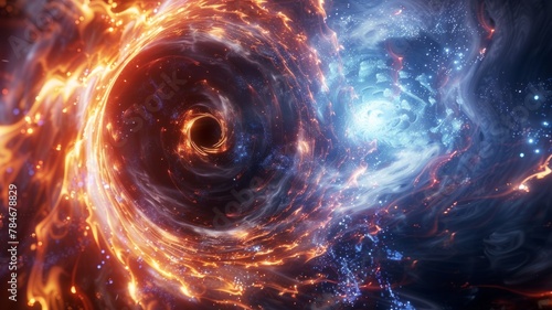 Cosmic whirlpool with stars around a black hole - An artful depiction of a cosmic whirlpool with stars and fiery elements swirling around a black hole at the center