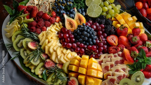 Fruit and Cheese platter with an abundant selection - An enticing fruit and cheese platter, full of vibrant colors and textures, perfect for social gatherings and festive celebrations