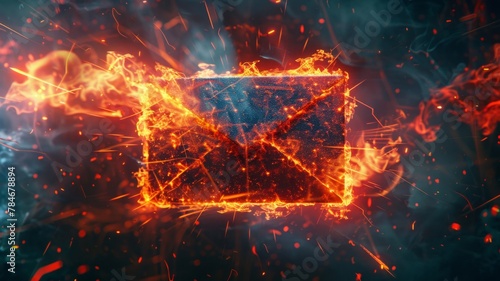 Suspended burning envelope in an illuminated space - An envelope appears floating mid-air amidst a fiery glow with radiant energy surrounding it