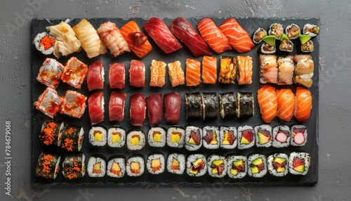 Assorted sushi platter on slate background