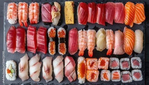 Assorted sushi and sashimi platter top view © Minerva Studio