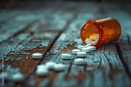 Prescription medication pills spilled next to a toppled bottle on a vintage wooden table