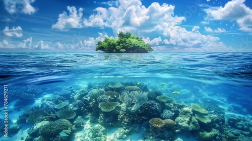 Idyllic isolated island over vibrant coral reef - Mesmerizing view of a small  lush green island surrounded by an endless crystal-clear ocean and a colorful coral reef beneath the surface