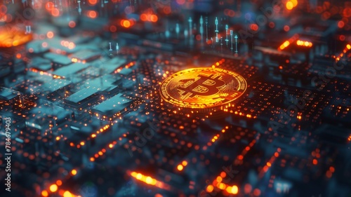 Illuminated Bitcoin on a circuit board backdrop - The concept of cryptocurrency, depicted with a glowing Bitcoin over a complex circuit board representing innovation and finance