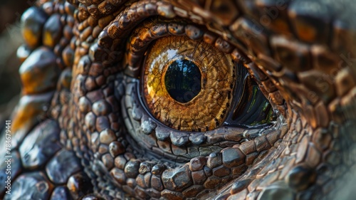 Macro shot of an iguana eye reflecting nature - The sharply detailed eye of an iguana reflects its surroundings  showing a connection with its natural habitat