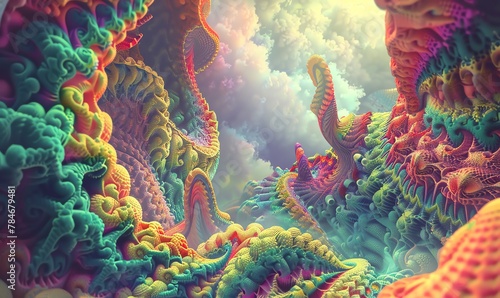 Illustrate a whimsical fantasy world filled with intricate details and fantastical creatures from a worms-eye view Utilize colored pencils to bring vibrant hues to life, complemented by a halftone eff