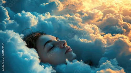 The close up picture of the caucasian female human that laying down for sleeping on the sea of the cloudscape that act like pillow that look fluffy and soft at the bright sky of the daytime. AIGX03. #784679632