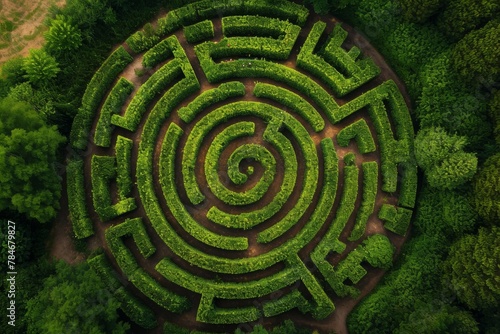 A circular maze stands prominently amidst the lush greenery of a dense forest, providing an intriguing challenge for explorers, A top view of a labyrinthine maze in a garden, AI Generated