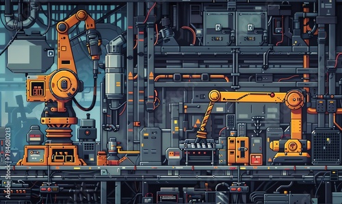 Illustrate the dynamic process of robotic manufacturing through a pixel art composition, showcasing a vibrant and detailed factory setting
