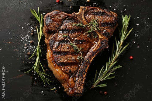 A close-up photo of a piece of steak topped with aromatic herbs placed on a sleek black surface, A top view of a magnificently grilled T-bone steak garnished with rosemary, AI Generated