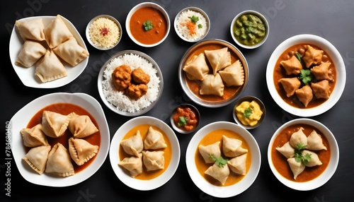 Set-of-Indian-foods--top-view--isolated-on-white-background--momos--butter-chicken-curry-and-rice--samosas--pani-puri-on-plate--Asian-food-set-collection-top-view--Indian-and-Pakistani-food-collection