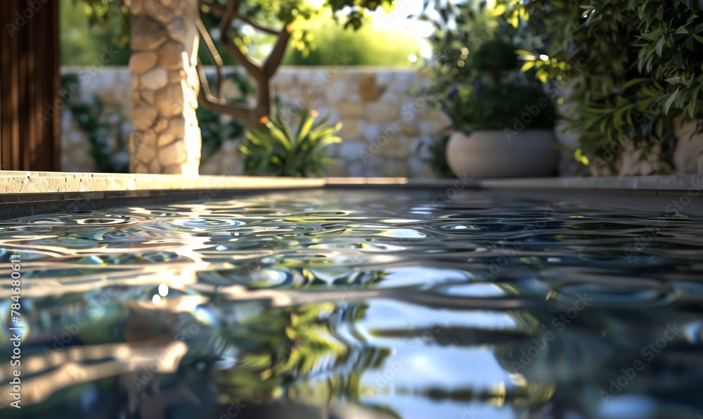 Fototapeta premium Immerse viewers in a realistic digital rendering of an eye-level angle capturing mesmerizing pool water reflections Utilize photorealistic techniques to evoke a sense of calm and tranquility
